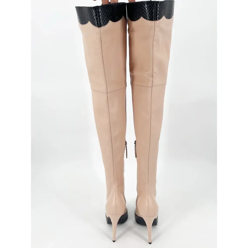 Gucci Harriet Light Rose Black Leather Lace Up Over The Knee Heeled Boots EU 38